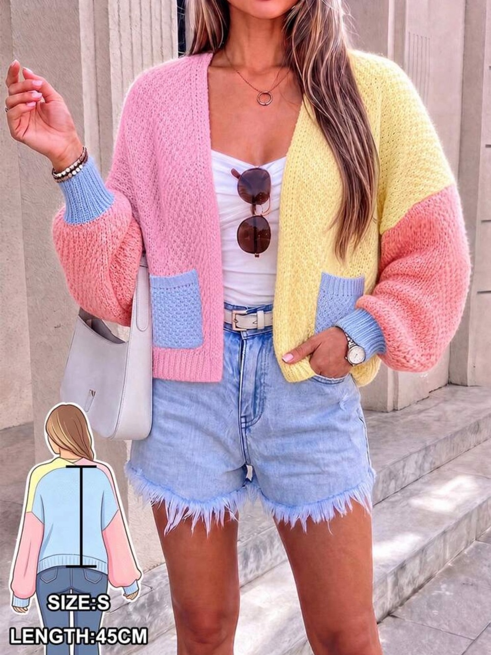 Dopamine Rainbow V-Neck Colorblock Knit Cardigan - Pink/Peach/Yellow/Blue